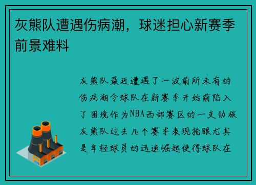 灰熊队遭遇伤病潮，球迷担心新赛季前景难料